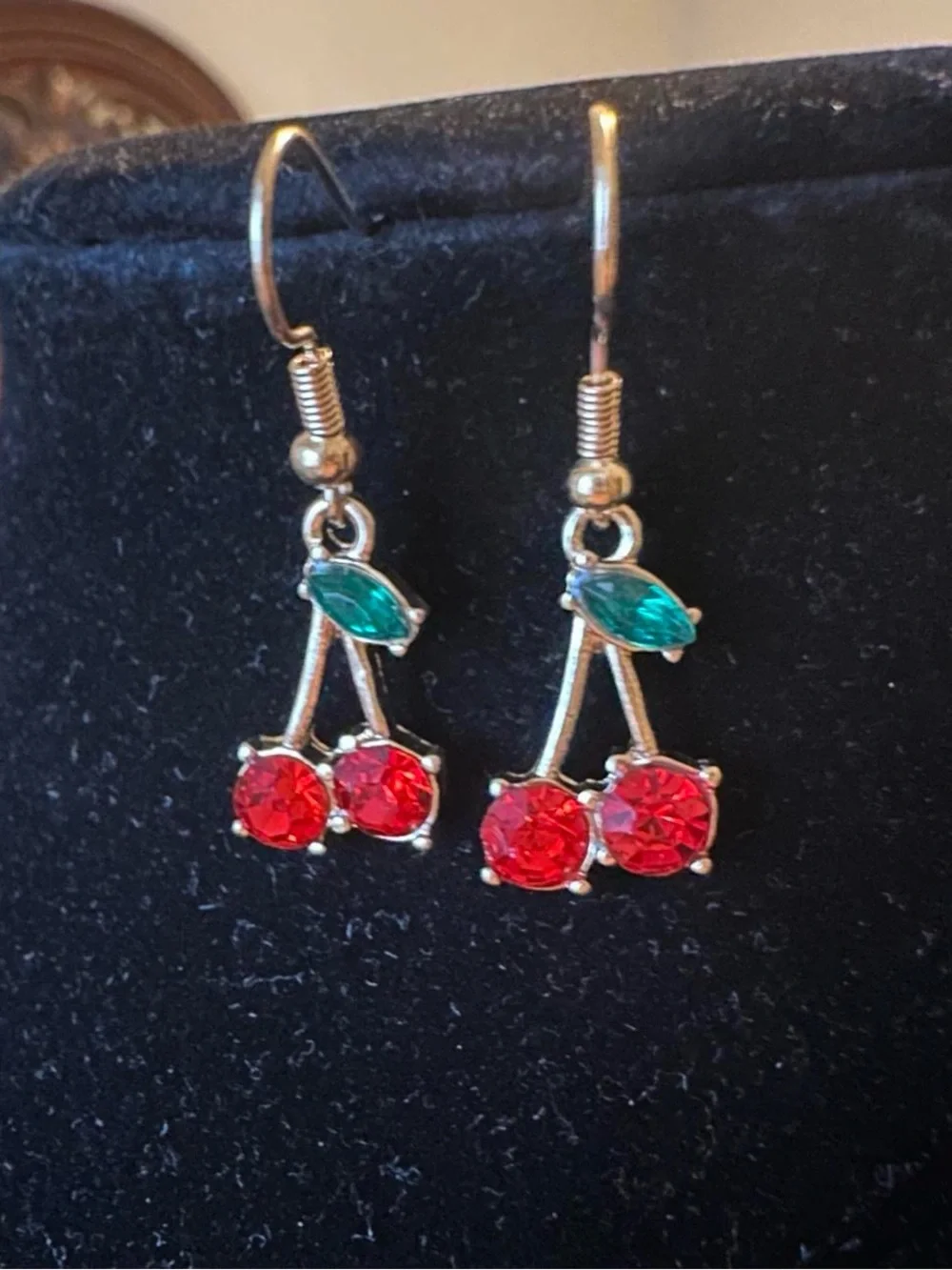 Self hand made rhinestone red cherry dangling earrings.